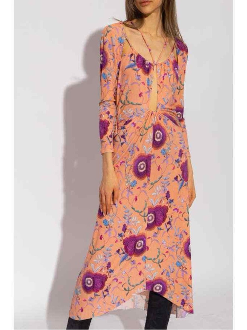 Isabel Marant Peach Floral Long Sleeve Maxi Dress with Purple Accents